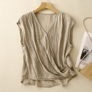 Actual Photo 2024 Summer New Cotton Linen Artistic Vintage Loose Round Neck Patchwork Top T-Shirt Women