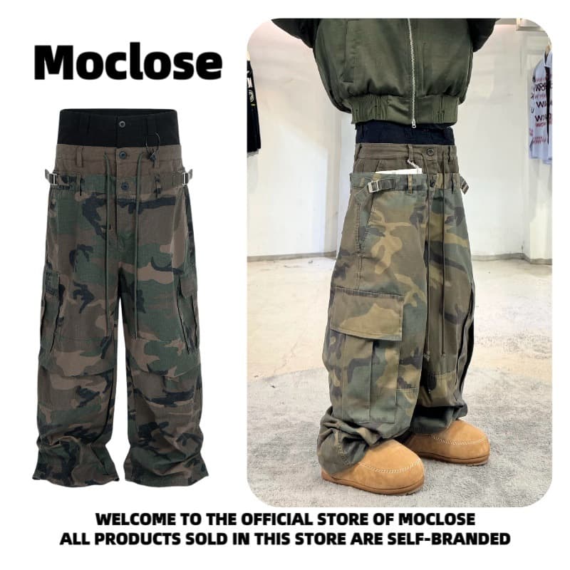 Moclose American Street Three-Waist Patchwork Retro Camouflage Unisex Loose Multi-Pocket Hip Hop Cargo Pants
