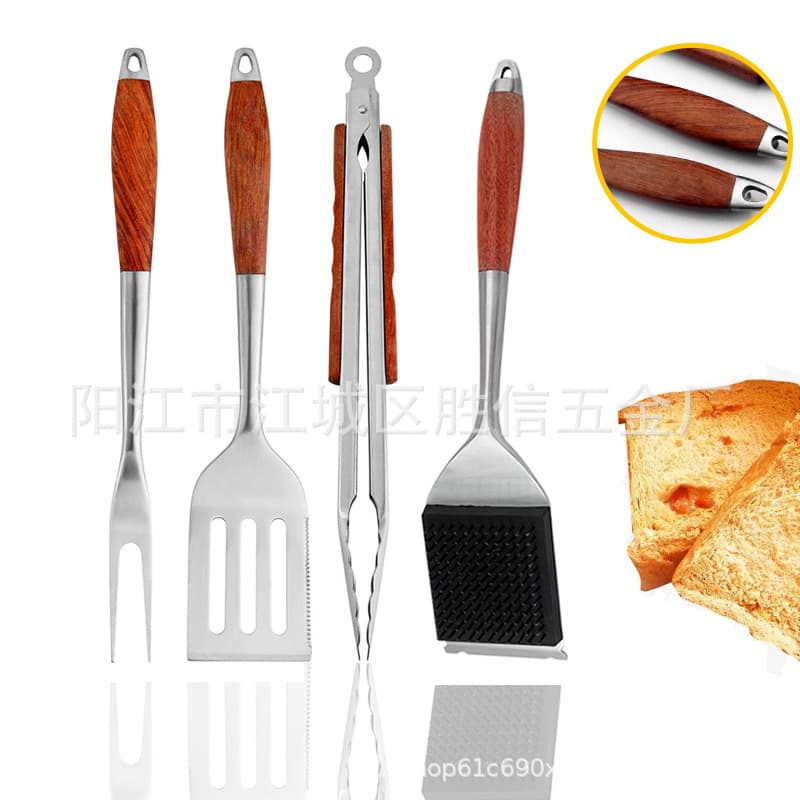 New Outdoor 4-Piece European Standard BBQ Tool Set Stainless Steel BBQ Spatula Food Tongs Frying Spatula BBQ Cleaning Brush