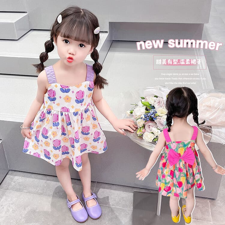 Girls' floral print dress, 2025 new style, cute princess suspender dress, A-line skirt, tutu, summer style, cartoon style.