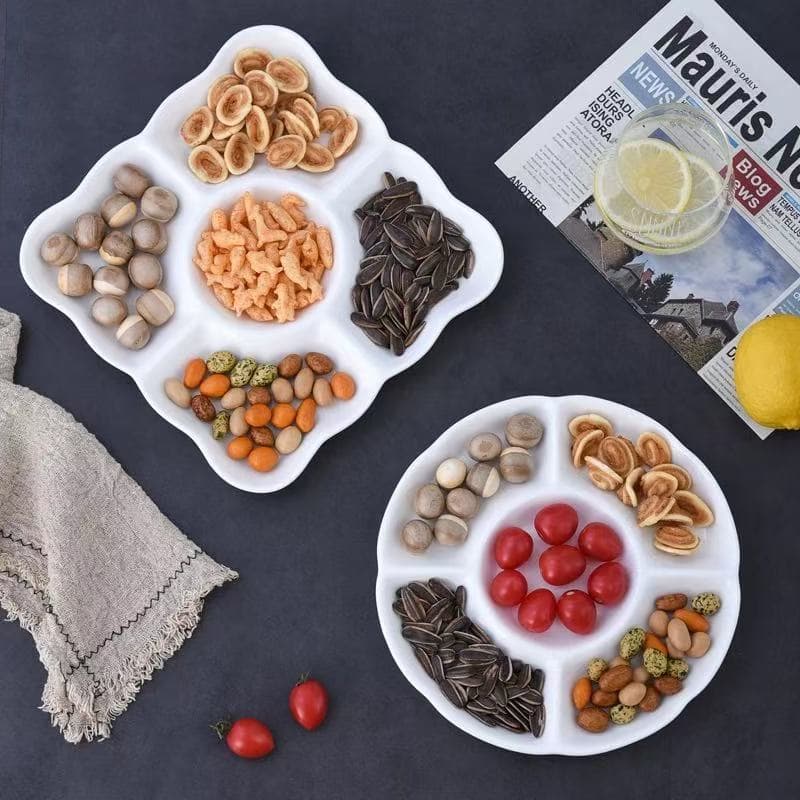Hotel Brine Platter, Special Hotel Plate for Dried Fruit Snacks, Multi-Compartment Five-Grid Plate, Ceramic Plate Wholesale