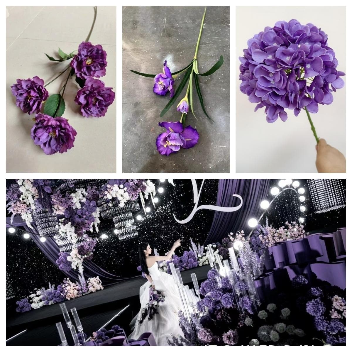 Deep Purple Wedding Artificial Flowers Purple Haze Hydrangea Rose Delphinium Wedding Hall Decoration Monet Garden Fake Flowers