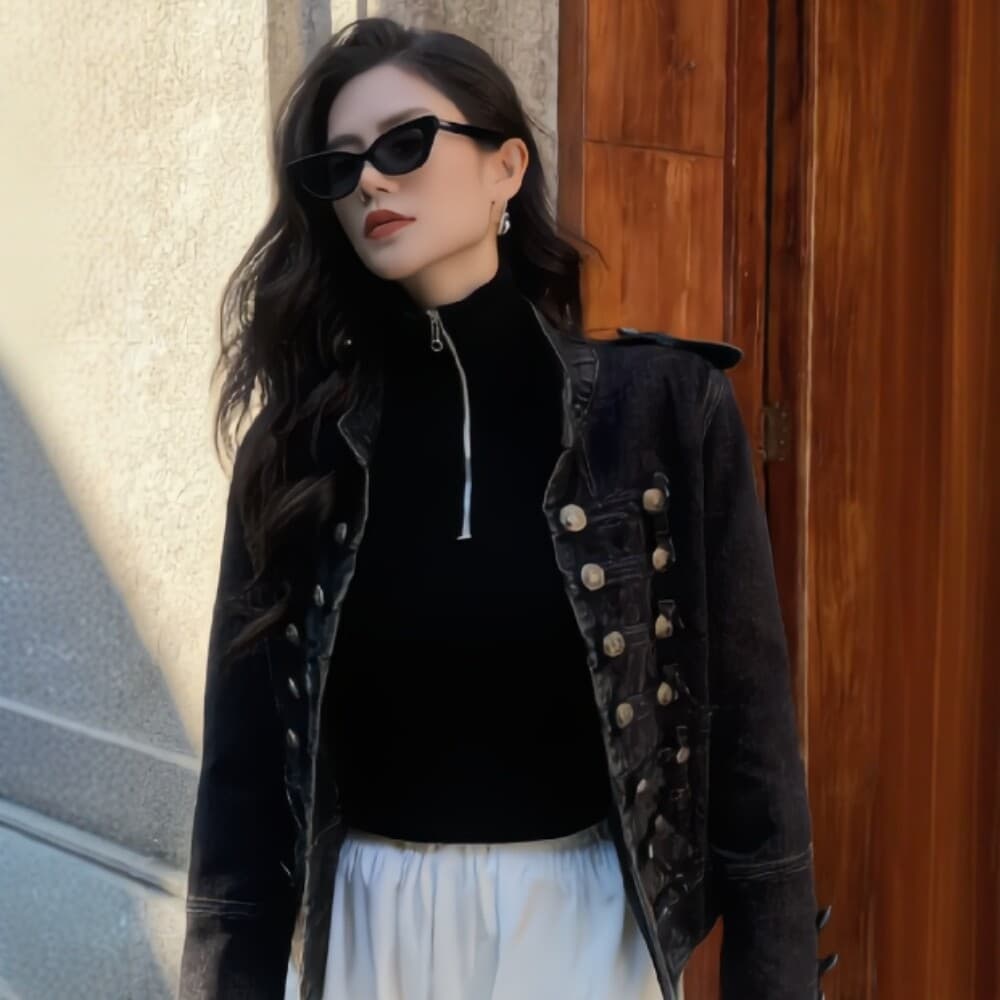 PB&ZA new retro stand collar Napoleon denim short jacket for women double breasted design slim jacket outer