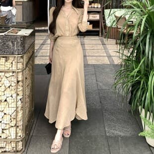 Khaki Retro V-Neck Long Sleeve Blouse Women's Summer Casual Set High Waist A-Line Skirt Two-Piece Set