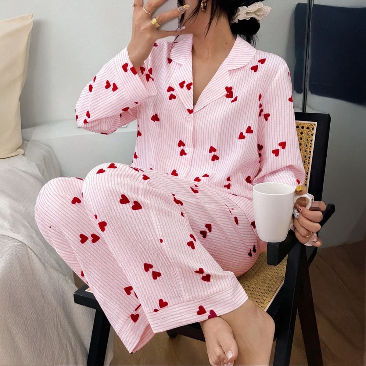 2026 New Cross-Border European and American Homewear Women's Summer Heart Print Loose Long Sleeve and Long Pants Pajama Two-Piece Set