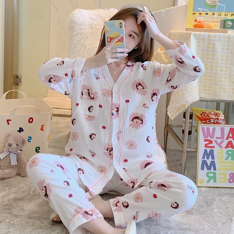 Pure Cotton Gauze Maternity Pajamas Summer Thin Postpartum Nursing Sleepwear for Pregnant Women 4-5 Months Full Cotton Two-Piece Set