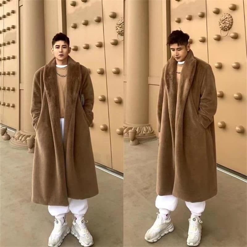 Men's autumn and winter thickened warm imitation fur coat large size over the knee loose plush coat leather coat windbreaker trend
