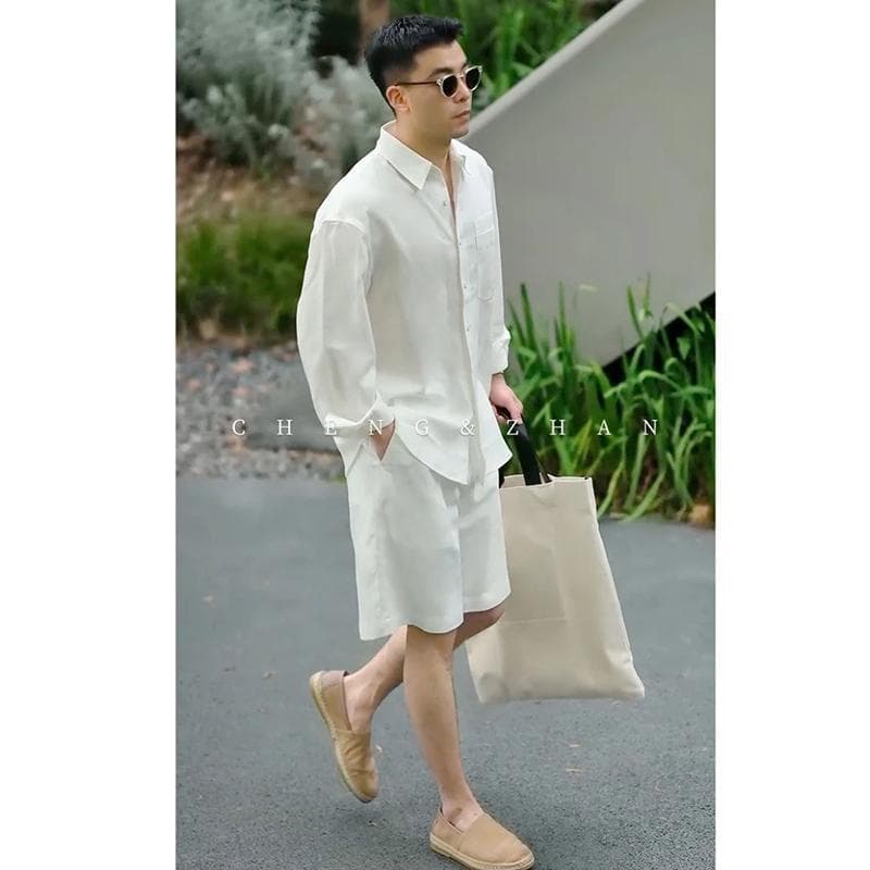 [Host Summer Set] 2025 Lyocell Linen Shirt and Shorts for Men Polyester 24-Hour Shipping