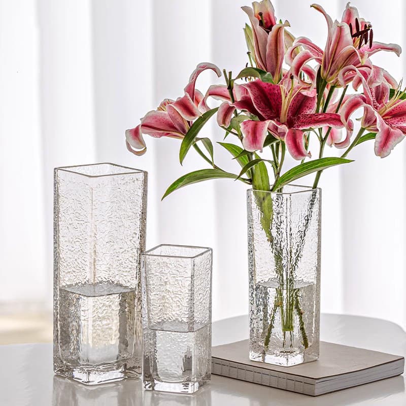 Glass Cylinder Vase for Living Room Flower Arrangement, Transparent Premium Hydroponic Tulip Vase, Light Luxury Trendy Hammered Texture