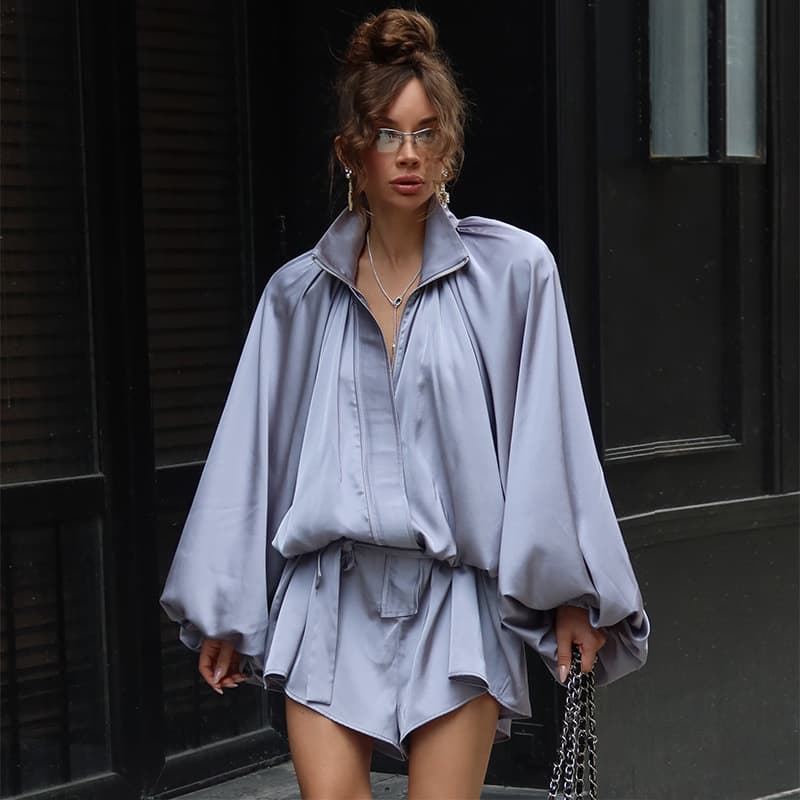 European and American Cross-Border Women's Clothing 2026 Autumn New Fashion Casual High-Neck Lantern Sleeve Loose Top Solid Color Shorts Set
