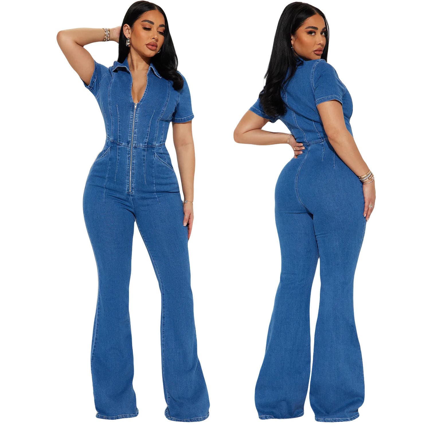 6079 Cross-Border Supply Foreign Trade European and American Slim Fit Stretch Washed Denim Jumpsuit Wide-Leg Pants