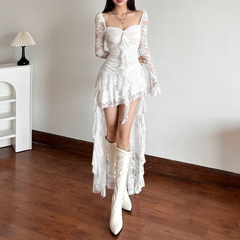 Cross-border European and American style 2026 new summer women's solid color high-waist fashion square neck long-sleeved lace splicing dress