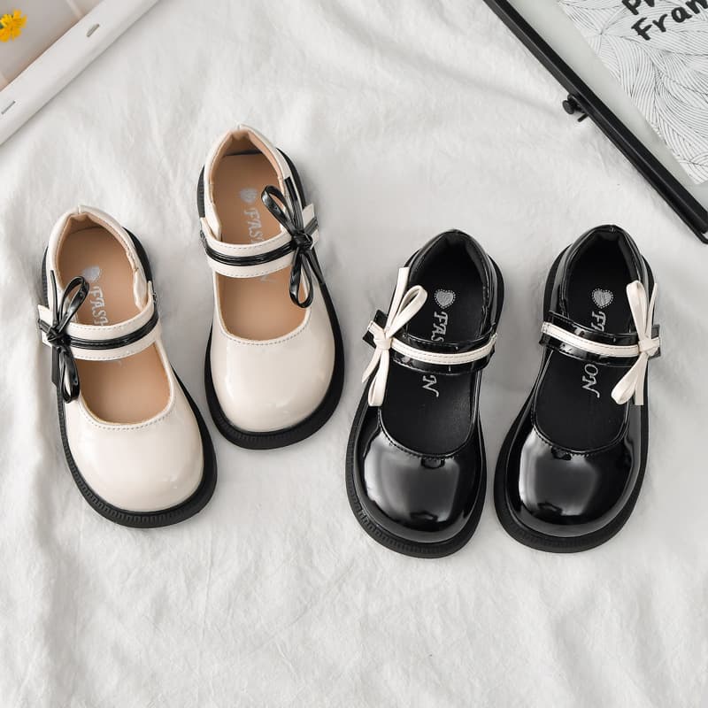 Children's Leather Shoes 2025 Spring Korean Style Girls' Bow Simple Solid Color Single Shoes Princess Soft Sole Performance Bean Shoes
