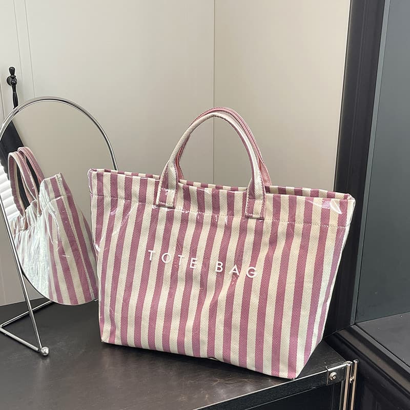 Cross-border Design Tote Bag Striped Water-Resistant PVC Handbag Large Capacity Shopping Bag Commuter Versatile Bag