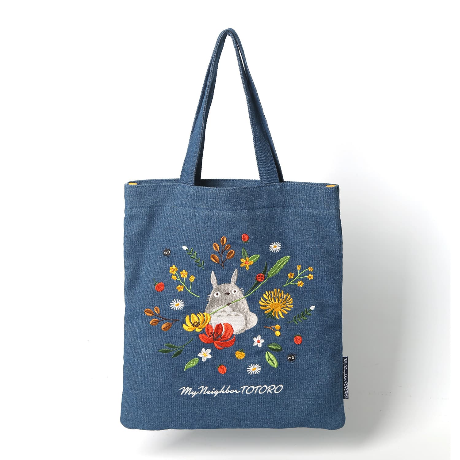 Japanese Hand-Embroidered Totoro Denim Cat Vertical Shopping Bag, Denim Tote Bag, Large Capacity Lightweight Handbag for Women