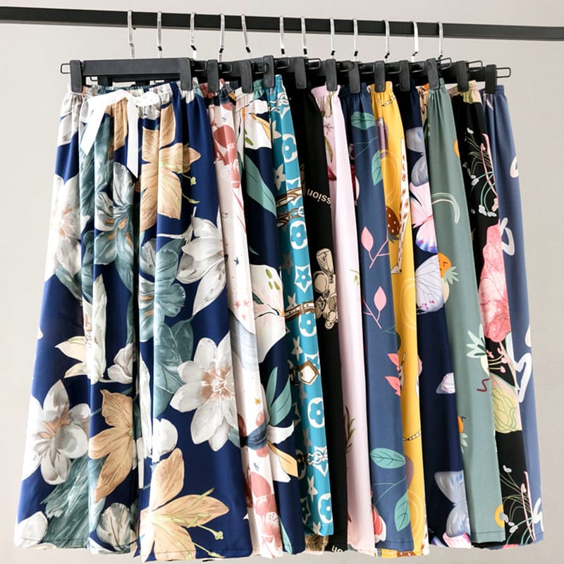 New Spring Summer Women's Cotton Silk Sleepwear Loose Comfortable Plus Size Wide Leg Pants Thin Material Cartoon Long Trousers