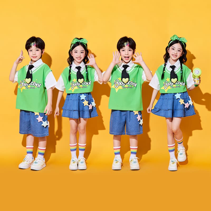 Children's Performance Costume for Children's Day, Elementary School Sports Day Cheerleading Jeans Class Uniform Performance Outfit, Kindergarten Chorus Outfit