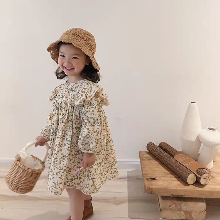 Girls Floral Dress Spring 2026 New Children Korean Style Elegant Ruffle Cotton Dress Baby Girl Dress