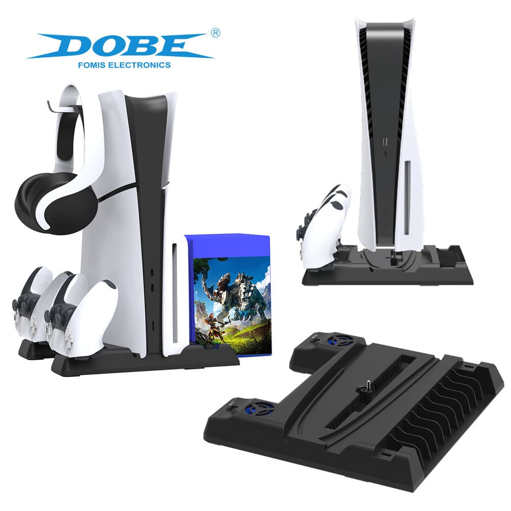 PS5 Slim Multi-Function Cooling Stand, Universal Base for PS5 Console with Disc Storage Rack and PS5 Controller Charger