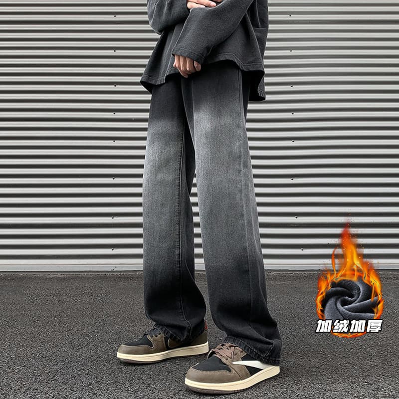 Fleece-Lined Thickened Jeans Trendy 2023 Winter New Retro Straight Leg Floor-Length American Loose Washed Jeans