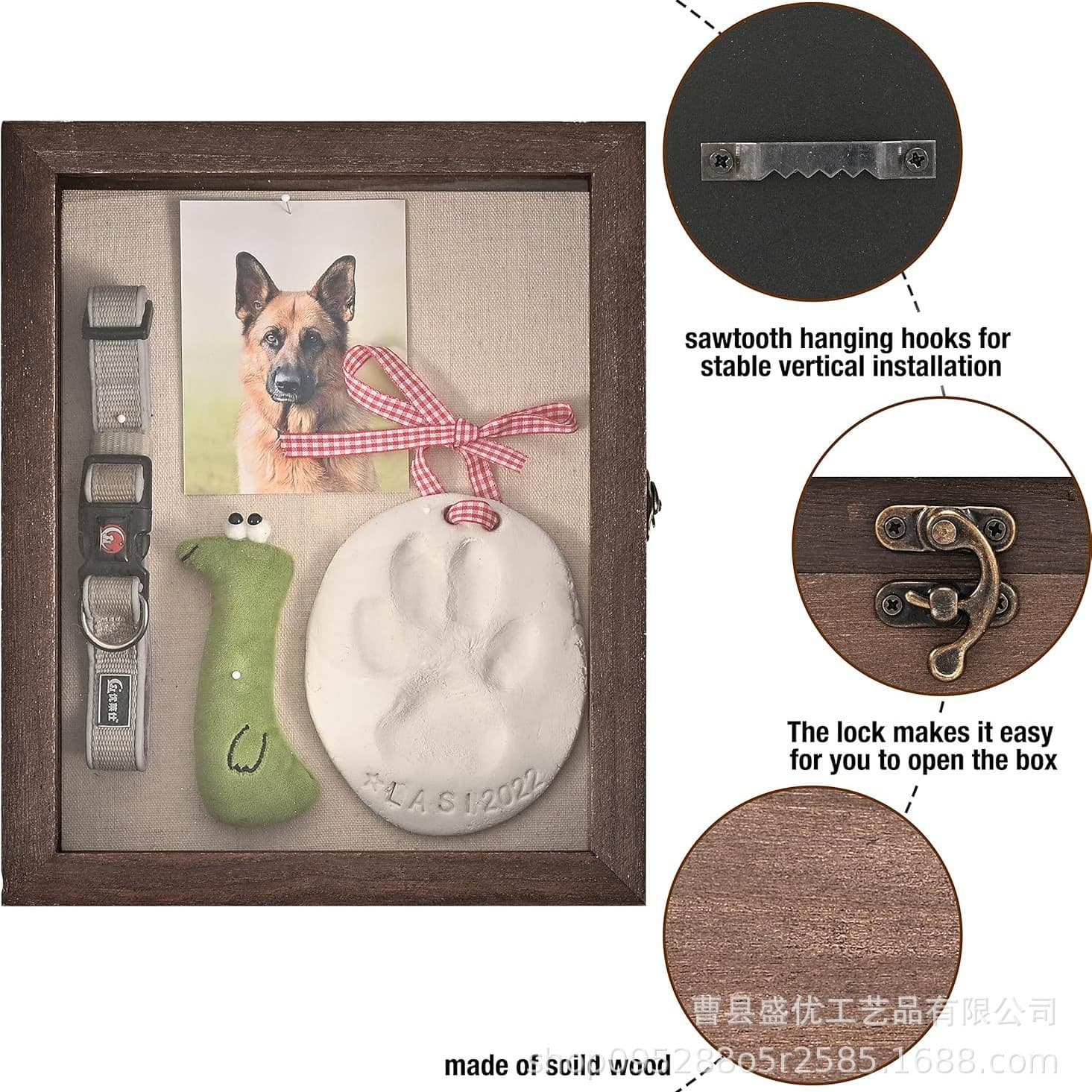 Solid Wood Pet Photo Frame Memorial Box Flip Lid Dog Collar Clay Wood Box Paw Print Memorial Pet Wood Box