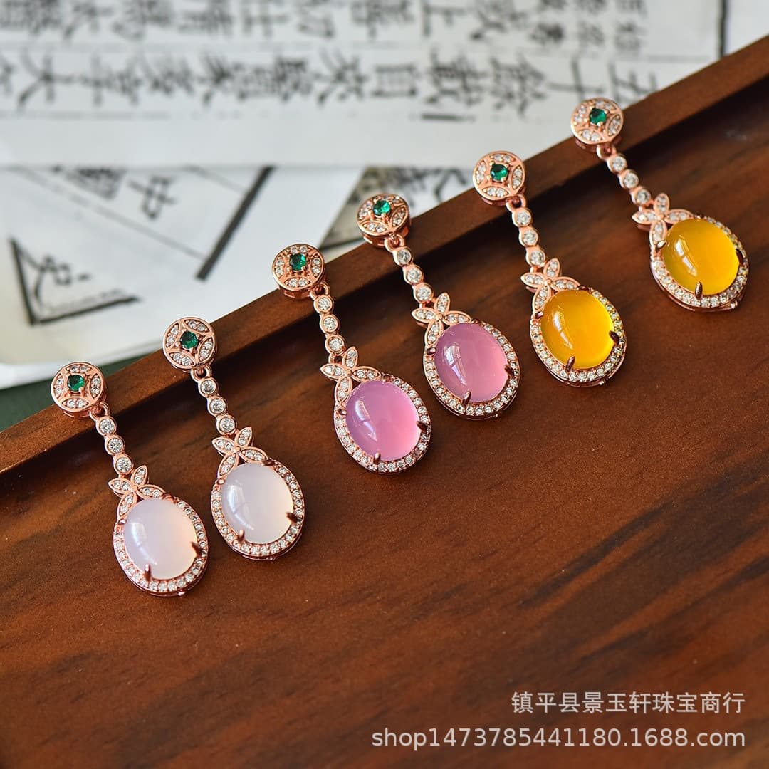 Inlaid chrysoprase earrings Women's rose gold inlaid light pink agate earrings Topaz earrings egg-shaped