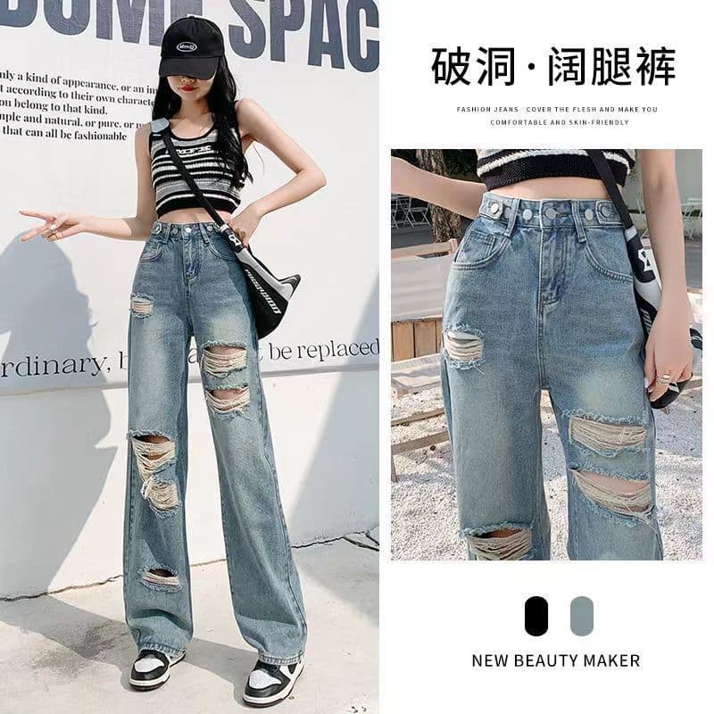 Adjustable waist ripped jeans for women 2025 new spring and summer high waist fashionable loose slimming wide leg pants