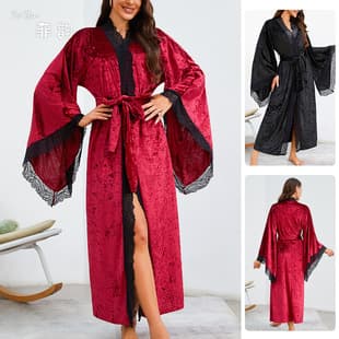 Feiyun New European and American Plus Length Bathrobe, Sexy Lace Light Luxury Long Sleeve Velvet Robe Loungewear 623
