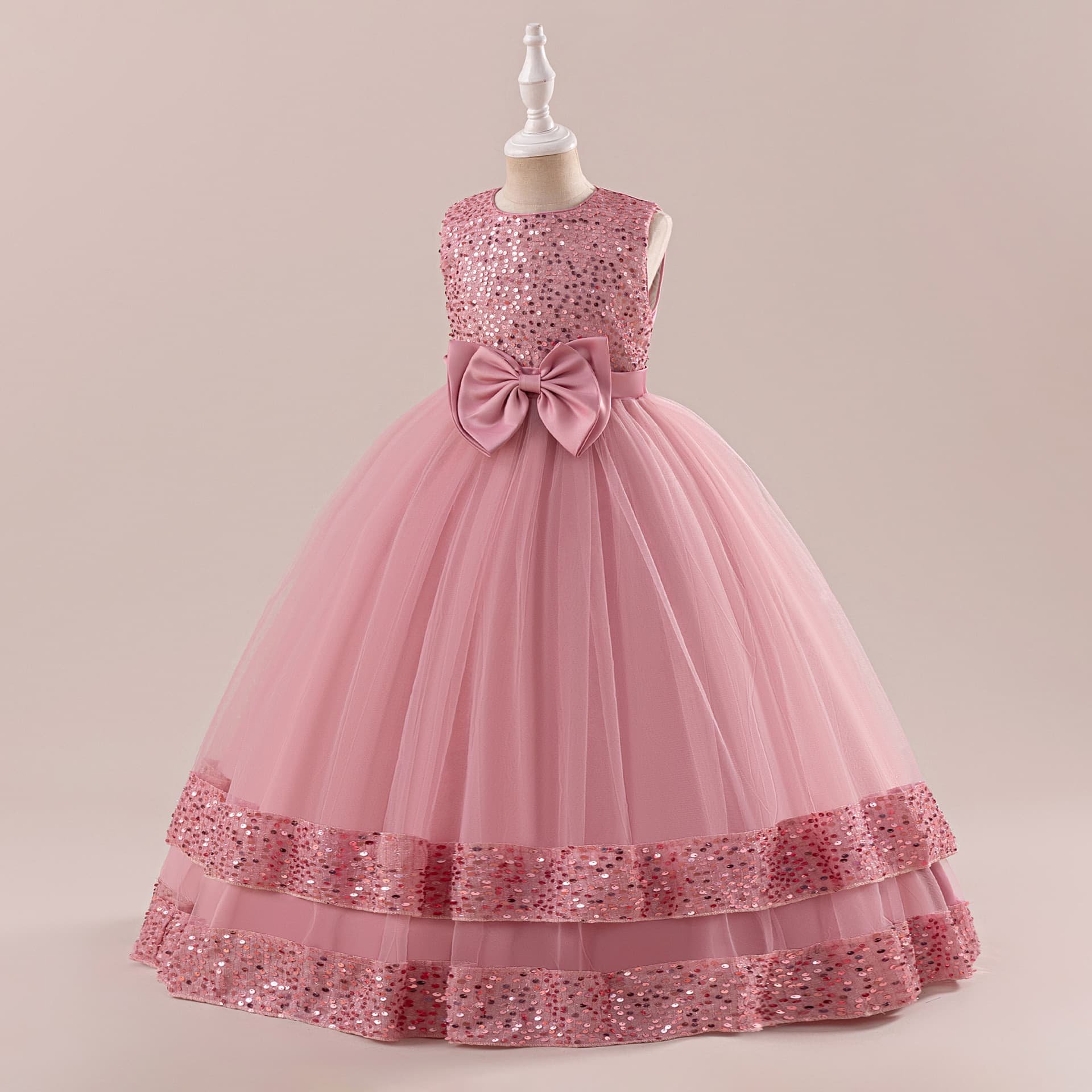Girls Long Birthday Party Dress Children's Evening Gown with Butterfly Knot Sparkling Sequins Princess Skirt for Kids