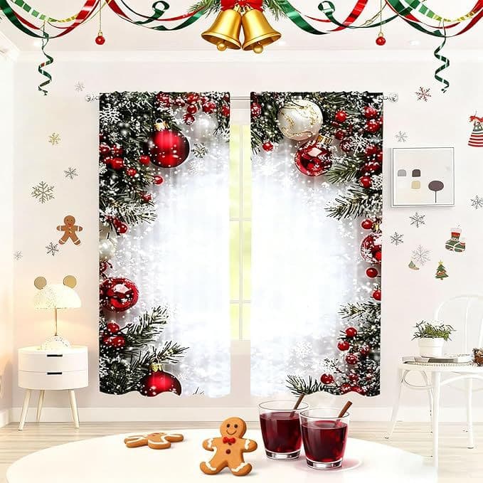 Minimalist Christmas Snow Scene Printed Curtains for Home Kitchen Living Room Window Decoration Curtain Valance