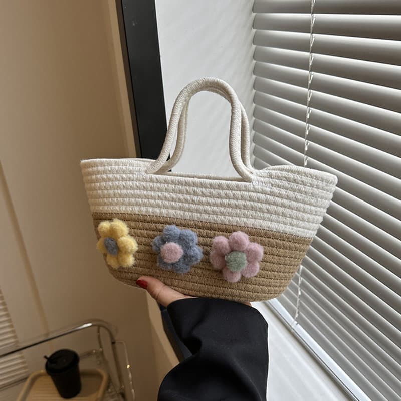 High-Appearance Cartoon Flower Makeup Bag, Woven Straw Bag, Summer Women's Bag, High-End Versatile Straw Basket