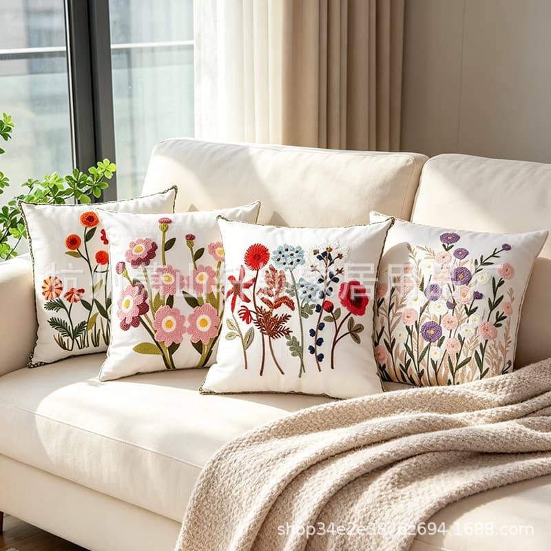 American Country Heavy-Duty 3D Floral Embroidery Canvas Sofa Cushion Pillow Cover for Bay Window, B&B, Wholesale