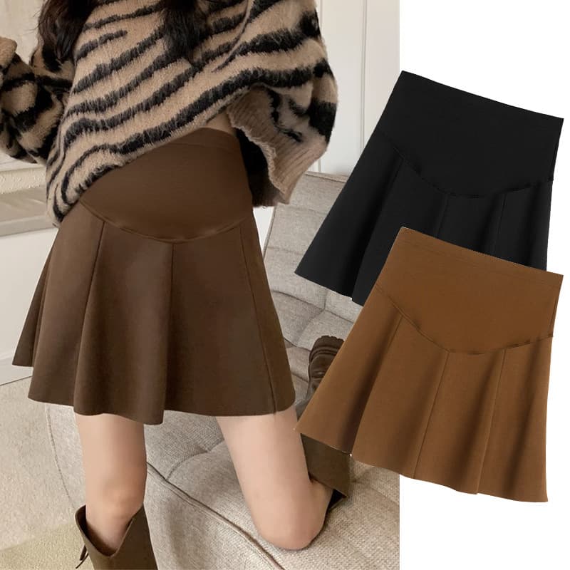 Maternity Skirt Wool Blend Autumn/Winter Versatile A-Line Bodycon Flared Skirt with Belly Support Pleated Short Skirt