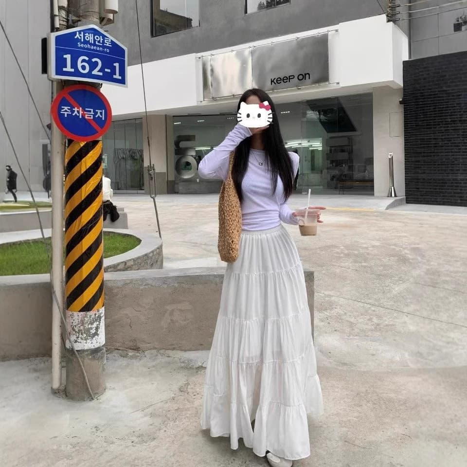 White Half Skirt Women 2025 New Spring Summer Draped A-Line Long Skirt Half Skirt Fluffy Casual Versatile Lined