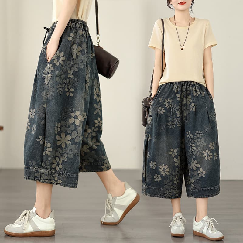Elastic waist floral jeans women's summer thin 2026 new style style mom pants loose straight wide leg pants