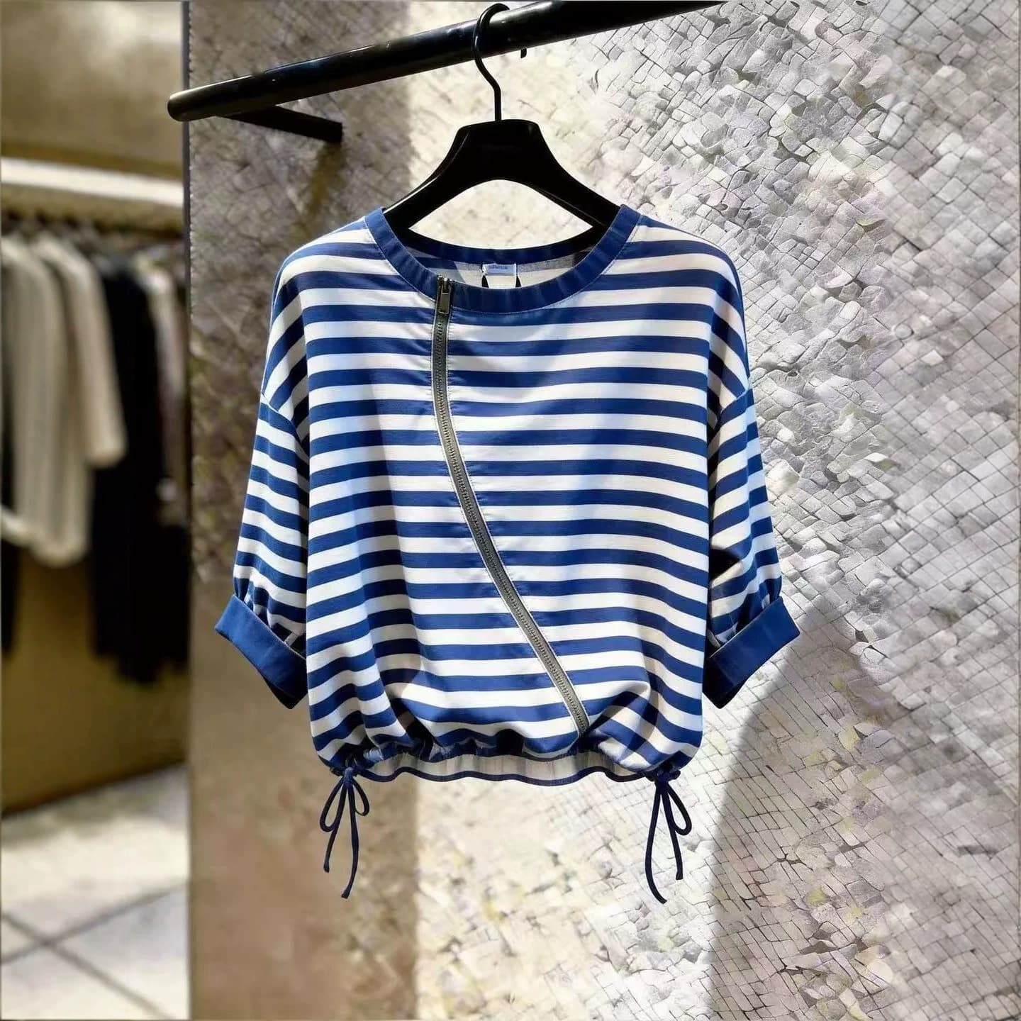 2026 Summer Versatile Simple Striped Top Women Short Sleeve Loose Drawstring Casual Blue and White Striped T-Shirt Single Top