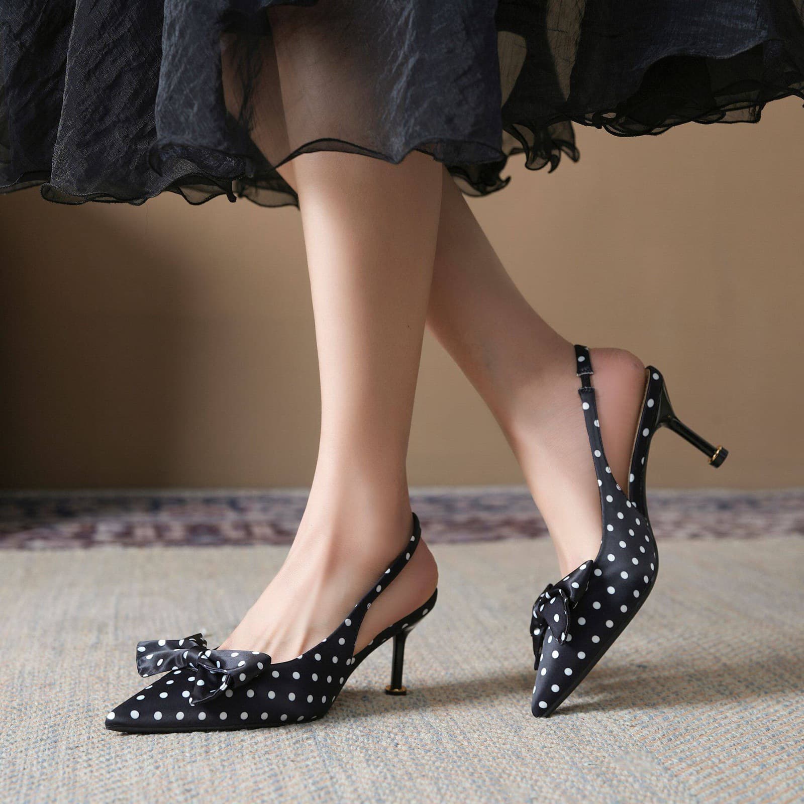 Polka Dot Bow Fairy Style Pointed Toe Thin High Heel Single Shoes Bridesmaid Shoes One-Strap Toe-Covered Sandals Summer