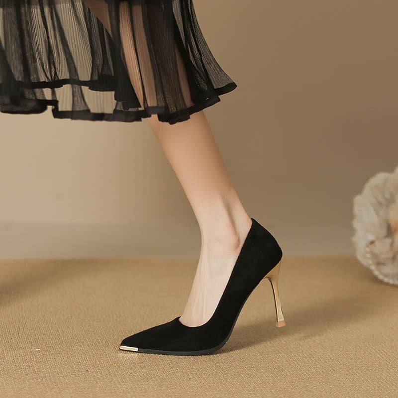 High Heel 2024 New Trendy Velvet Fashion Versatile Spring Women's Shoes Korean Style 969-F3 Velvet [Gold Heel]