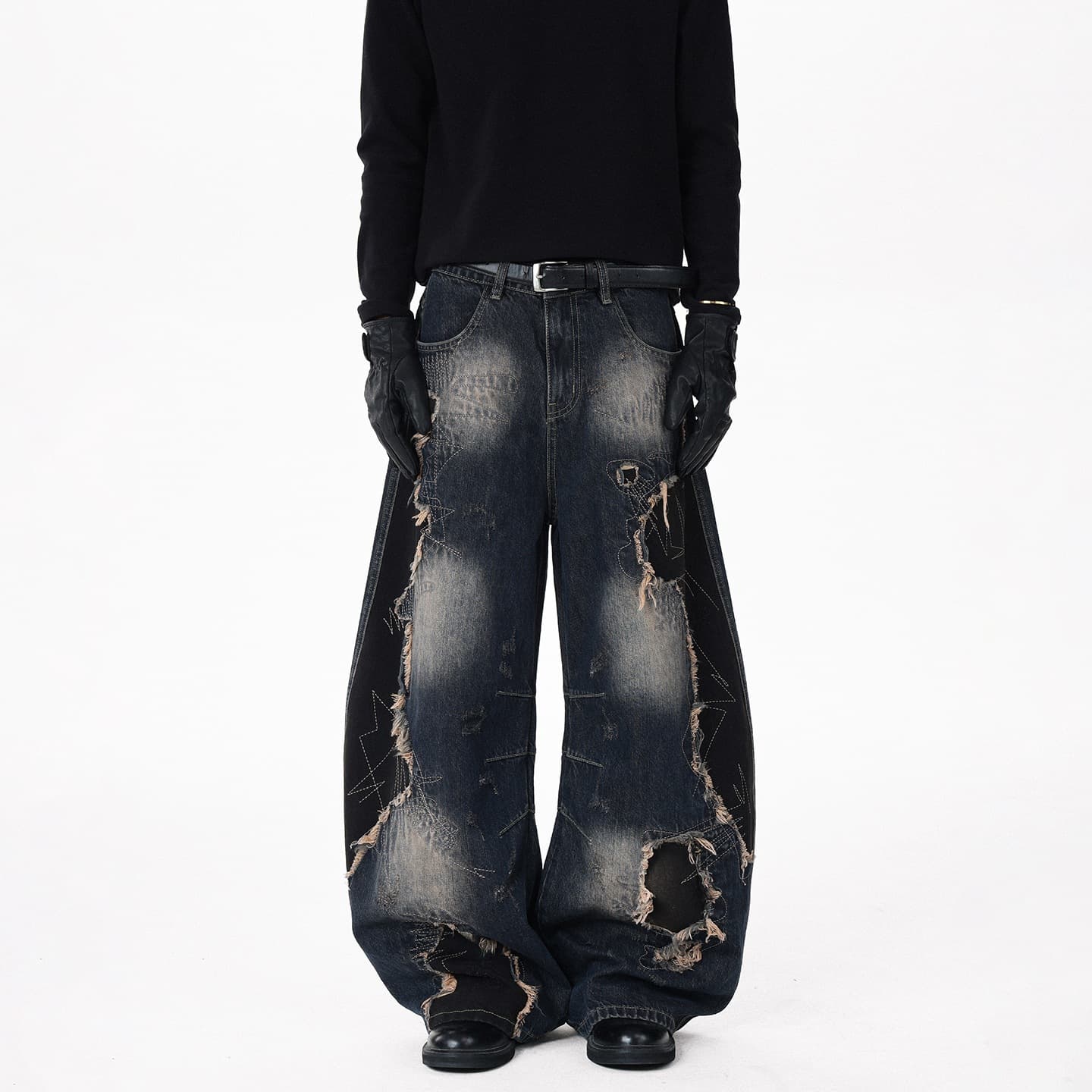 BSJ Streetwear Wasteland Heavy Industry Patch Washed Distressed Frayed Deconstruction Curved Denim Pants for Men and Women Loose Wide Leg
