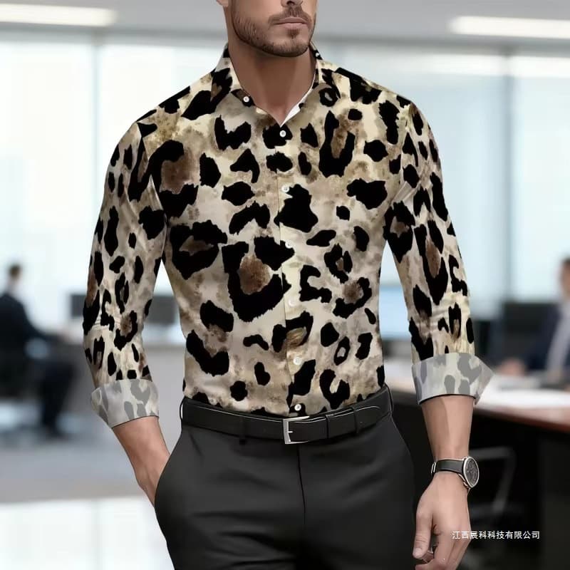 2026 Men's Retro Leopard Print Long Sleeve Shirt Business Casual Fashion Slim Fit Spring Autumn New