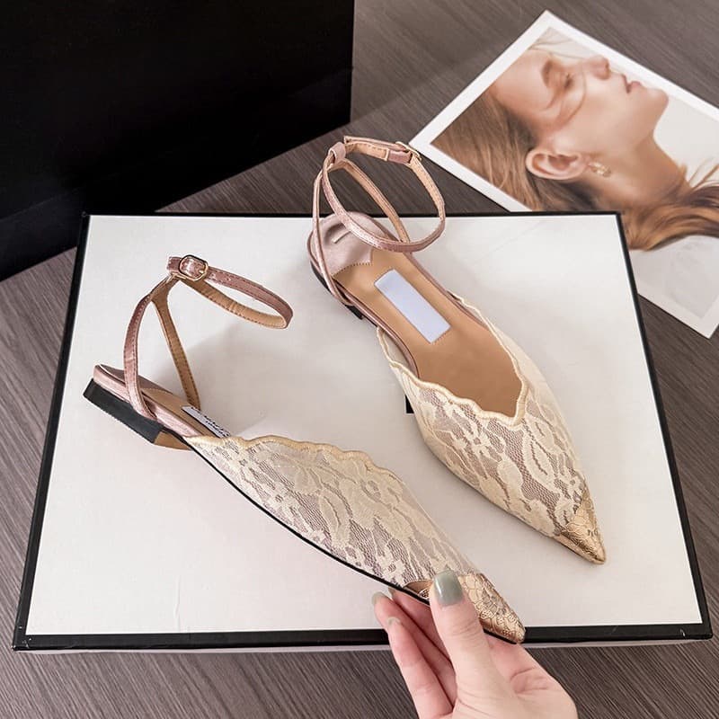 JC Lace Flat Pointed Toe Sandals Women 2026 Summer New Sexy Mesh Backless One-Strap Buckle Closed Toe Sandals