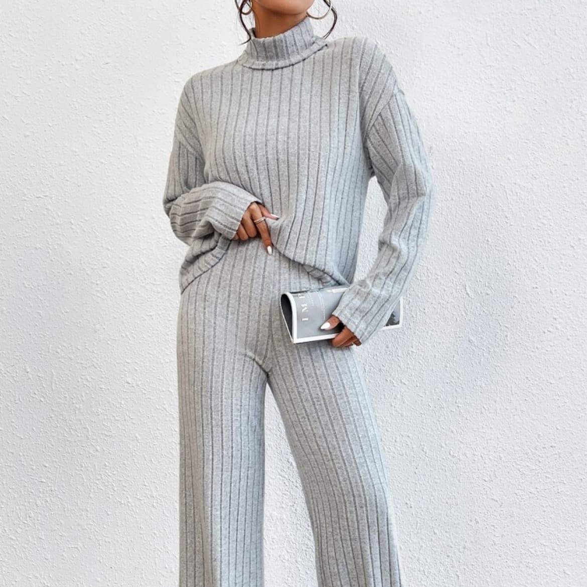 European and American New 2023 Fall Winter Solid Color High Neck Long Sleeve Ribbed Loose Wide Leg Pants Loungewear Two-Piece Set