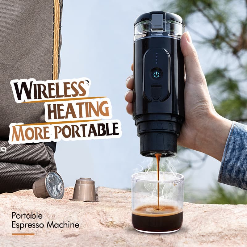 Wireless heated espresso machine with rechargeable powder capsules, portable for outdoor travel, car use, and home use.