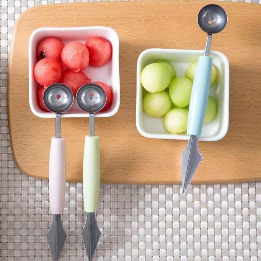 Factory Fruit Ball Scoop Stainless Steel 2-in-1 Watermelon Divider Ice Cream Cantaloupe Scoop Spoon Food Grade