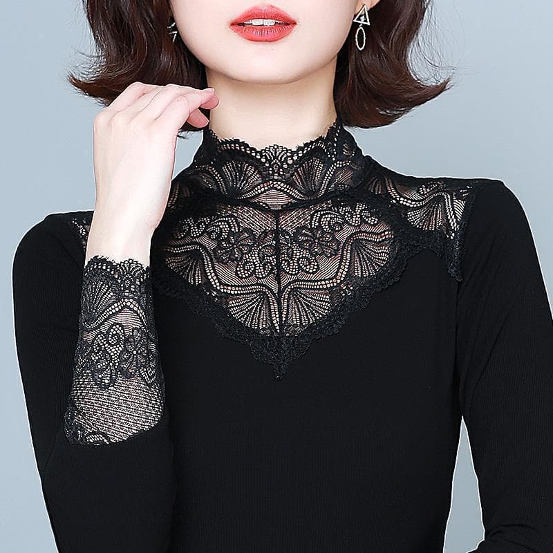 Lace Base Top New Spring Autumn Versatile Fashionable Slimming Women's Black Inner Layering Stretchy Blouse