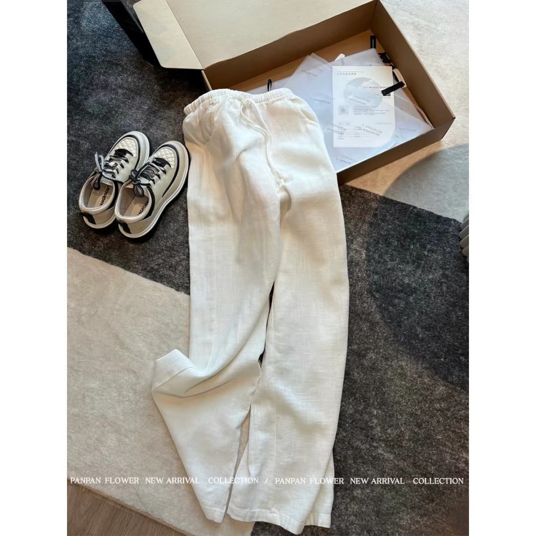 Elastic Waist White Linen Wide Leg Pants Women Old Money Style 2026 New Fashion High-End Slimming Long Trousers