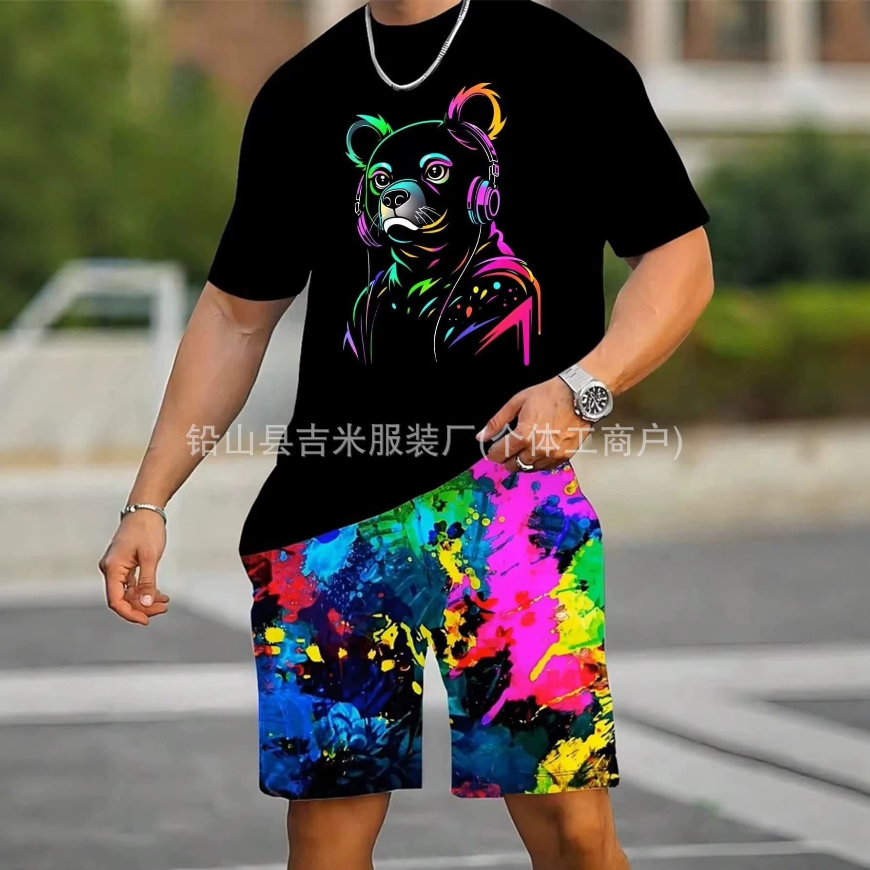 Cross-border Europe and America Summer Men's 3D Print T-Shirt and Shorts Two-Piece Set Casual Trendy Sports Top Factory
