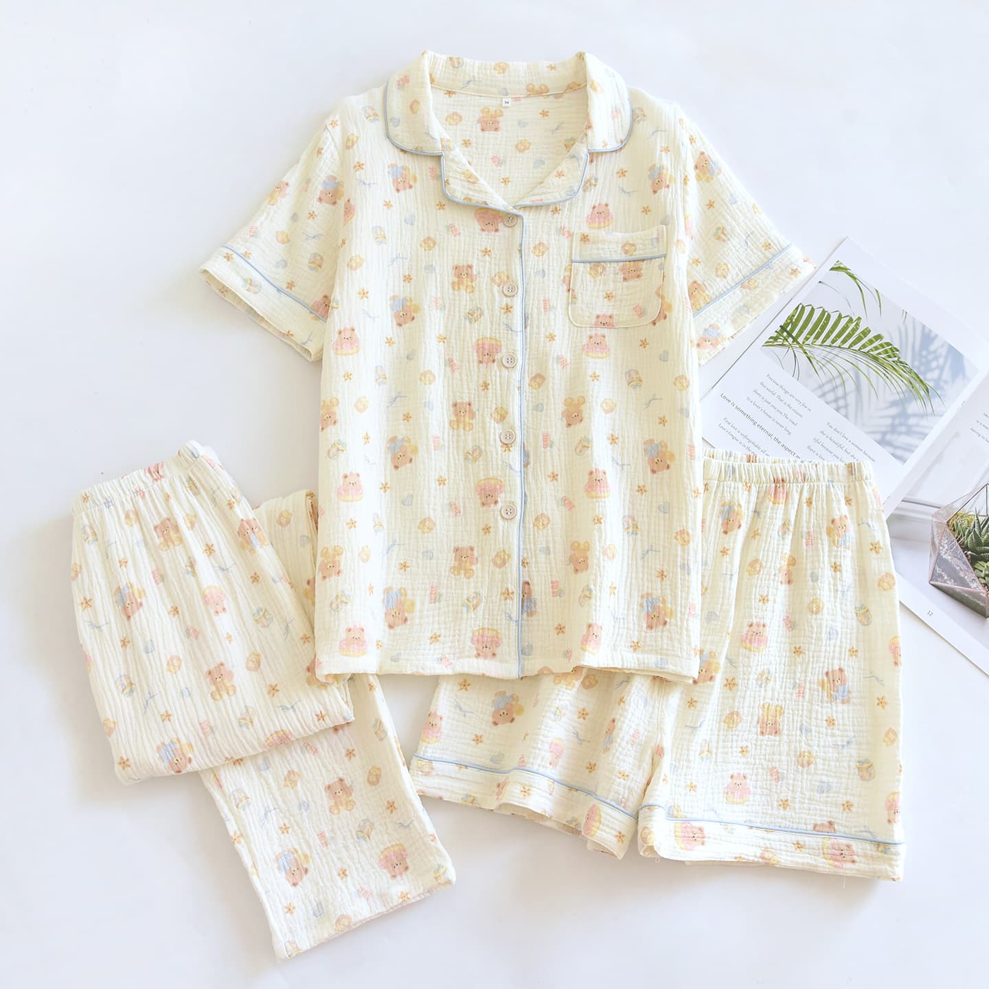 100% Pure Cotton Double-Layer Gauze Pajamas Women Summer Short-Sleeve Three-Piece Set Turn-Down Collar Cardigan Full Cotton Homewear Set