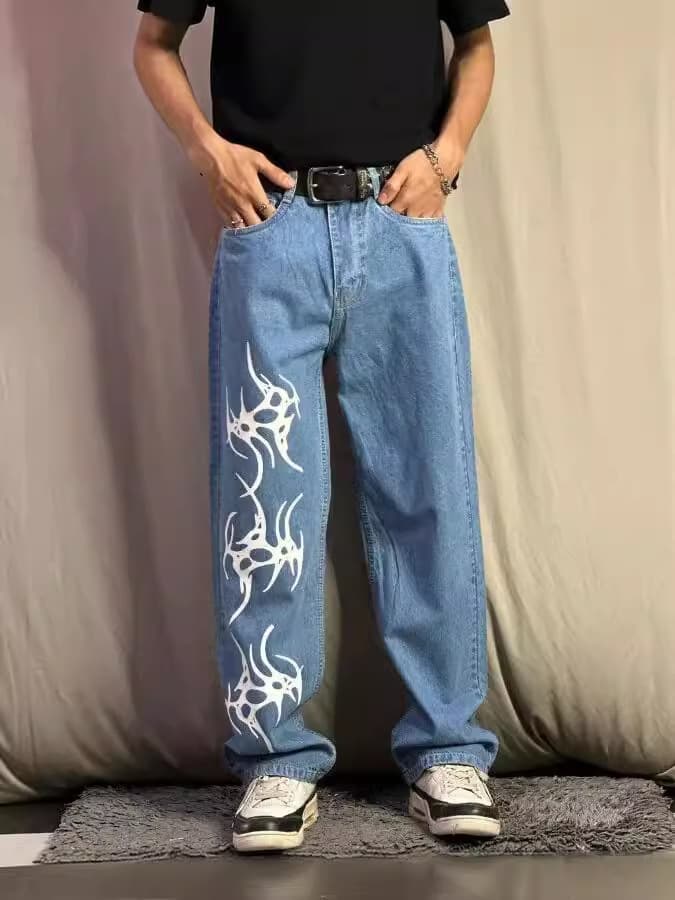 Y2K Printed Straight Jeans Men's Fashion Streetwear Harajuku Style Punk Denim Long Trousers Mid Waist Zipper Casual Cotton