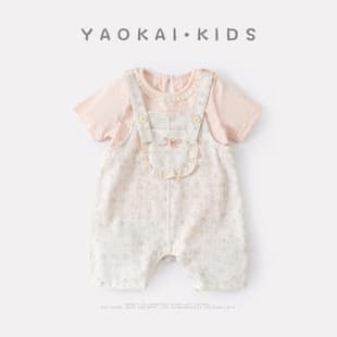 Infant Summer Korean Floral Print Suspender Jumpsuit Set, Baby Casual Short-Sleeve Lace Bodysuit Two-Piece Set